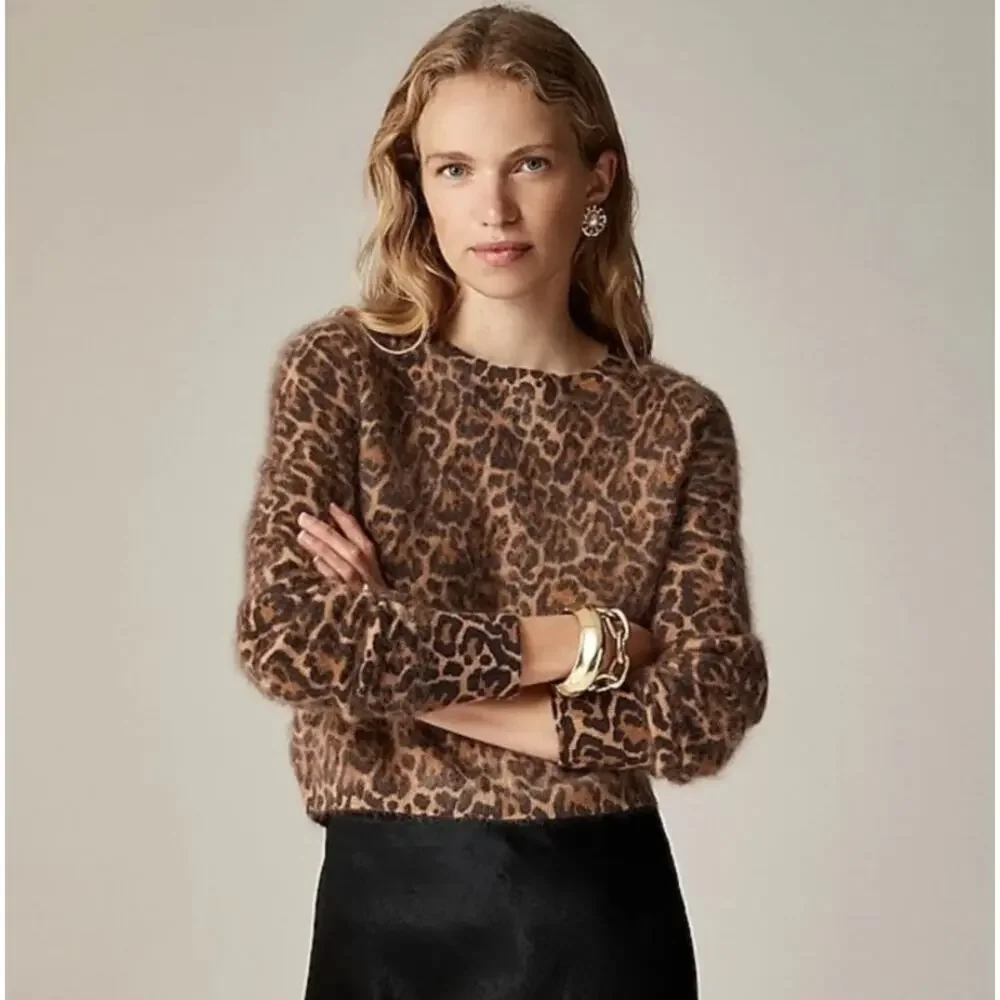 J. Crew 100% Cashmere Shrunken Brushed Crewneck Sweater Leopard Print Fuzzy